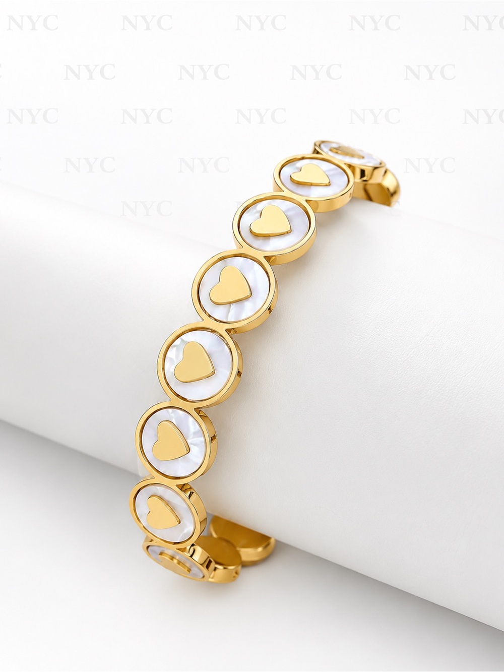 Gold Heart Link Bracelet with White Inlay - Women Jewelry